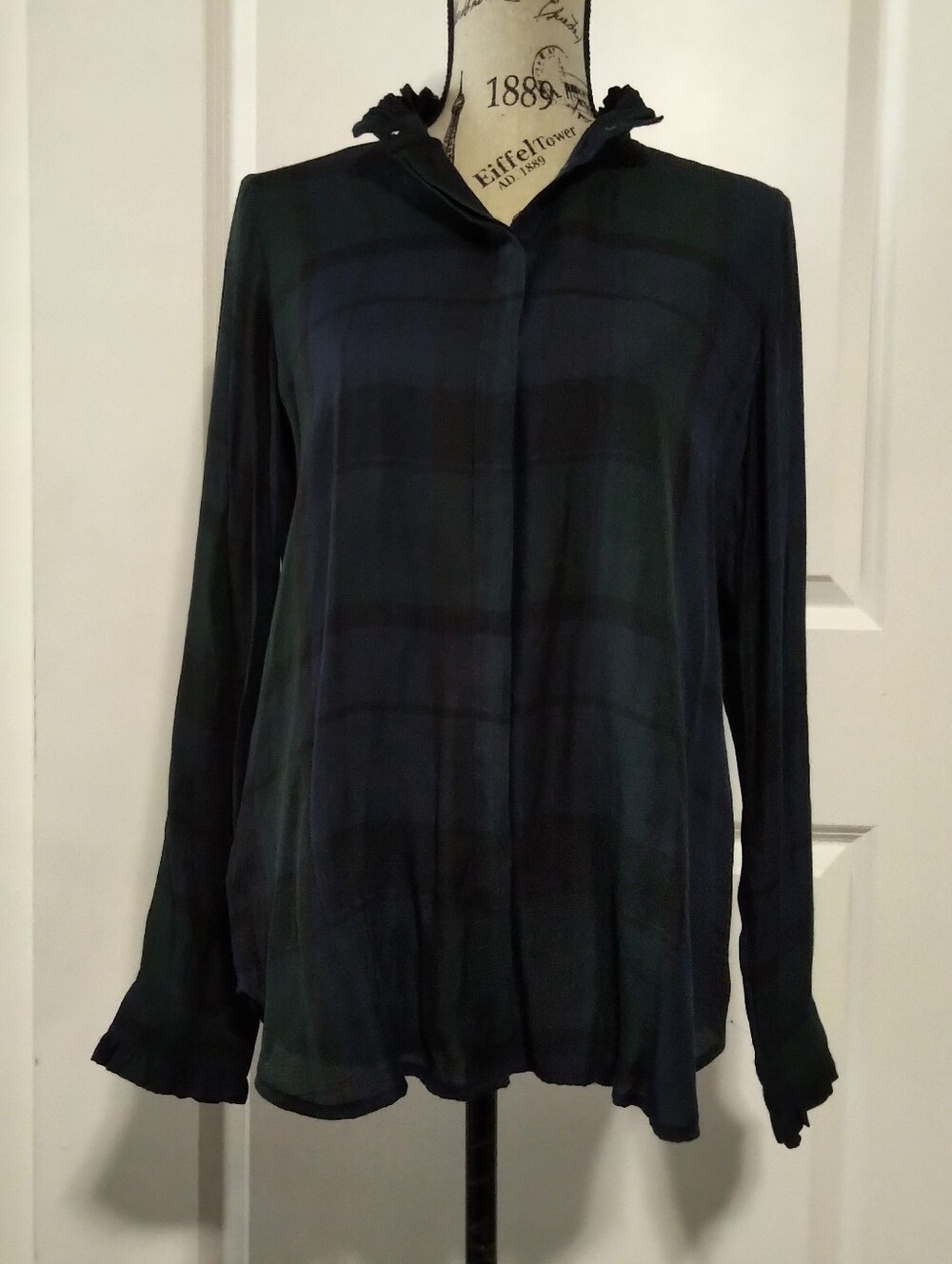LOFT Navy and Dark Green Plaid Ruffle Blouse - Size S